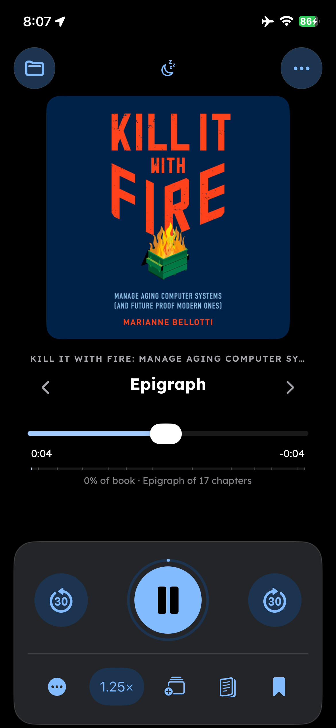 Echo Now Playing screen with chapter scrubber and large transport controls